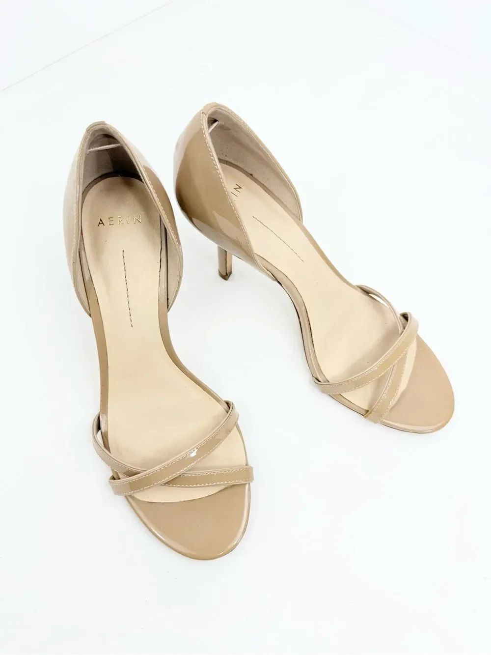Aerin COCOBAY Taupe Patent Leather Peep Toe Crisscross Stiletto Heels